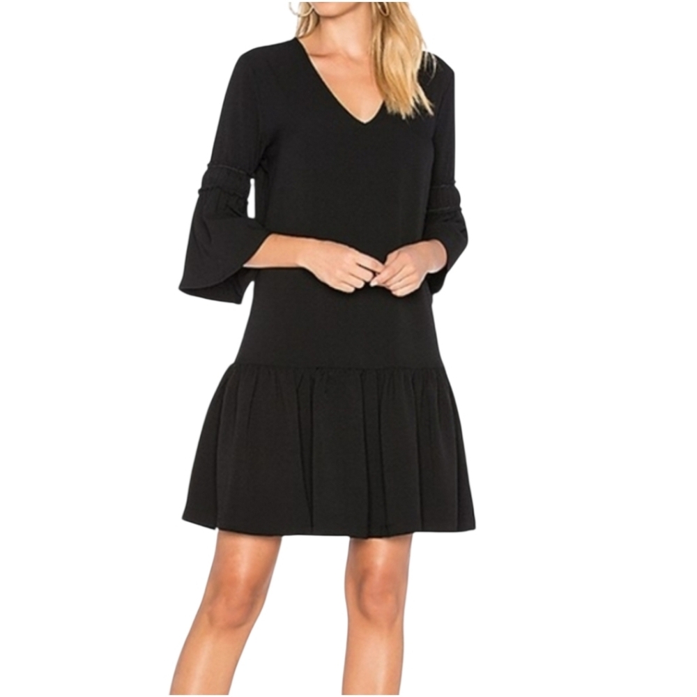 GANNI Clark Black Crepe Shift Mini Dress US 2 Bell Sleeve Ruffle Hem Scandi Chic